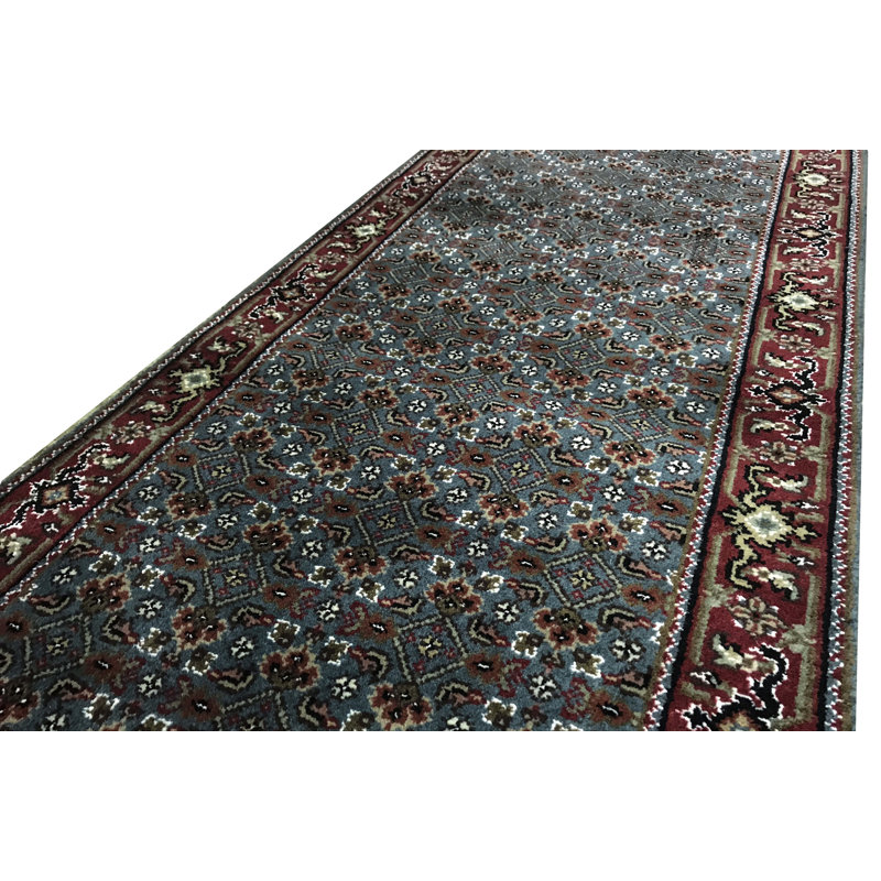 Hand-Knotted High-Quality Light Blue and Red Runner