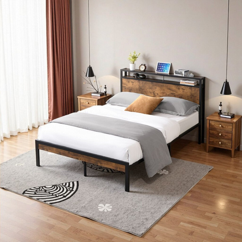 Structure de lit plateforme pleine grandeur en métal avec tête et pied de lit en bois, rangement sous le lit de 10 po, aucun sommier nécessaire - noir moderne et brun