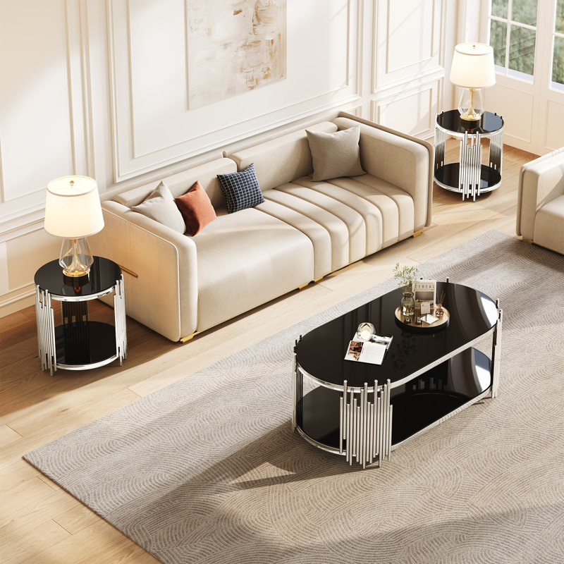 Ensemble de tables basses Sanders Modern Luxury, 3 pièces, base en métal et plateau en verre, Noir / argenté