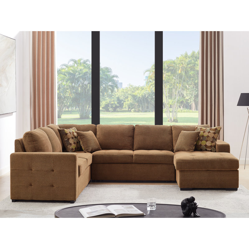 123" Oversized Sectional Sleepr Sofa U Shaped Sectional Sofa With Storage Chaise 4 Throw Pillows For Living Room, Brown