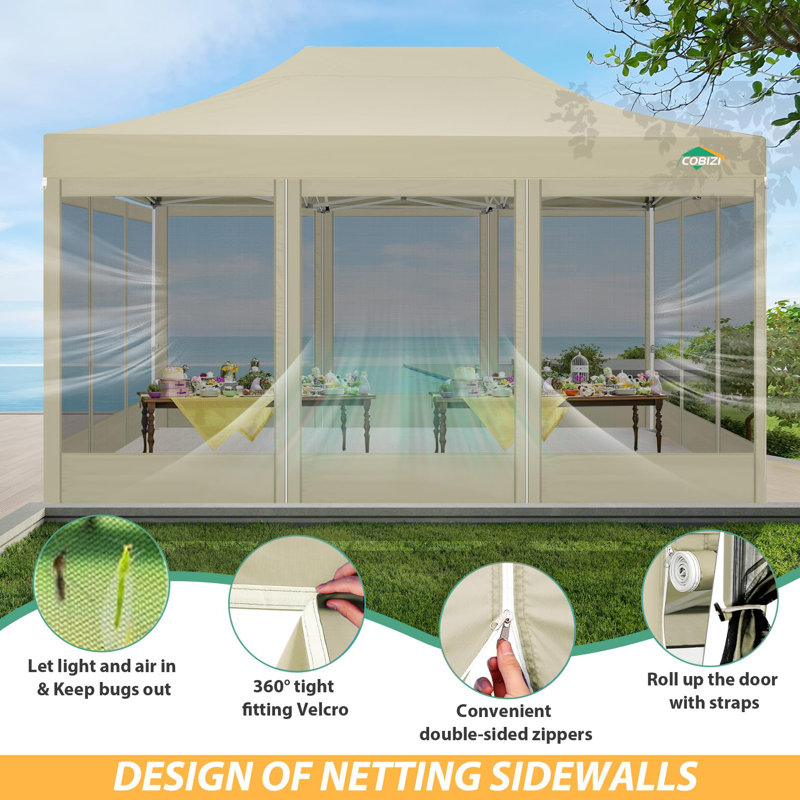 15 Ft. W x 10 Ft.DHeavy Duty Canopy Tent, Pop up Gazebo with Netting Screened, Khaki