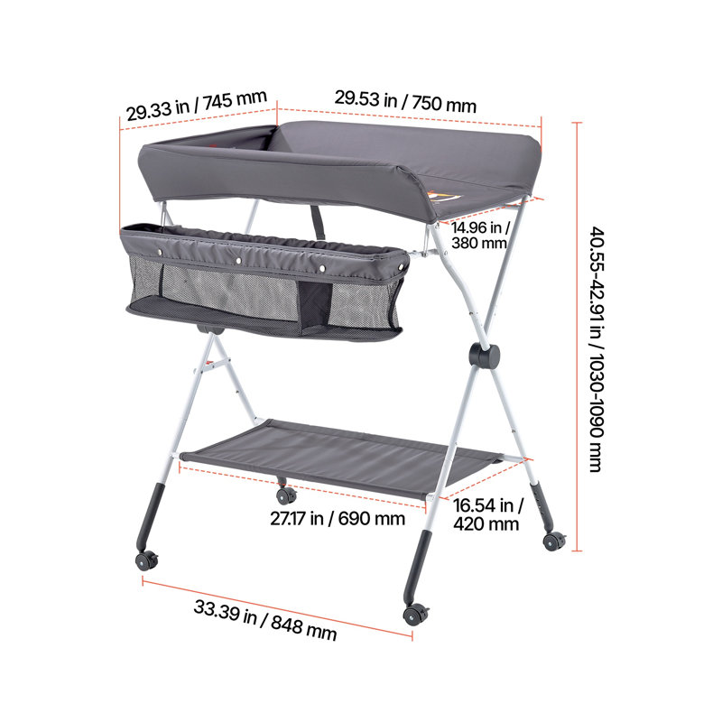 Table à langer pliable pour bébé avec panier de rangement et roues - Organisateur de couches à hauteur réglable