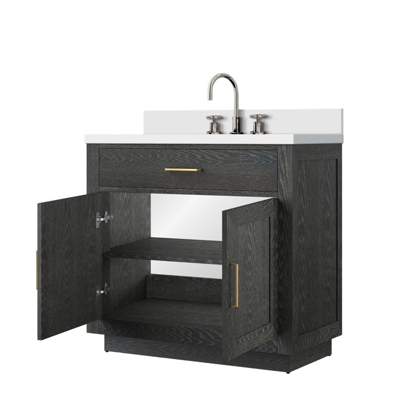 Ensemble de meuble-lavabo simple avec comptoir en quartz blanc et robinet, Noir, noir, noir, noir