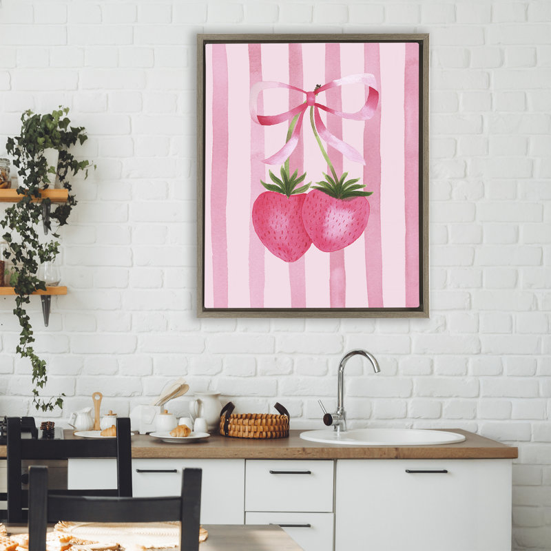 Cadre flottant Coquette Fraises sur rayures, design par Nina Jacobs, H 31 po x l 25 po, Cadre flottant orme Montalcino