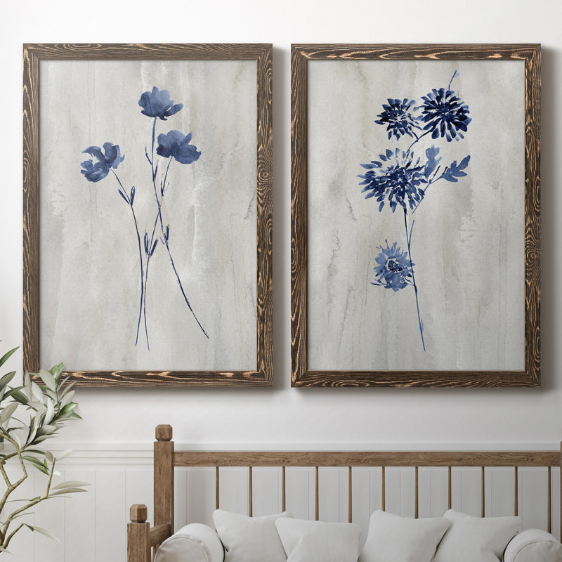 Indigo Botanical III - ensemble de 2 reproductions d'impressions, H 37,5 po x l 55 po x P 1,5 po, Toile avec cadre en noyer