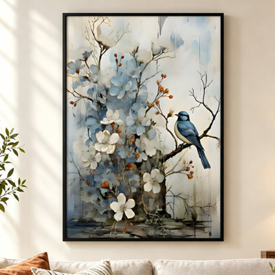 Bluebird And Blossoms Floater Framed Canvas Wall Art Black Floater Frame Print Botanical 24" H x 16" W