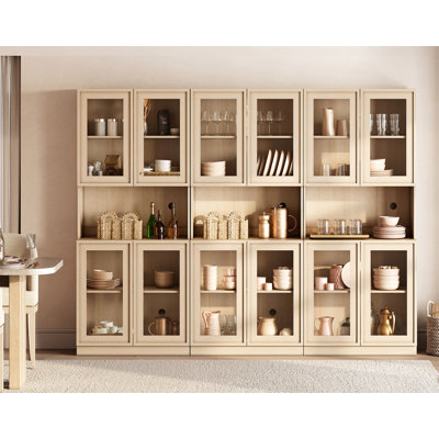 Buffet en bois de 94,5 po de large avec portes en verre et tablettes réglables, armoire de rangement en verre de 72 po de hauteur pour la cuisine