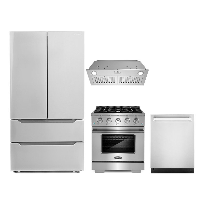 Cosmo 4 Piece Kitchen Appliance Package with French Door Refrigerator 30'' Gas Freestanding Gas Built-In Insert Range Hood