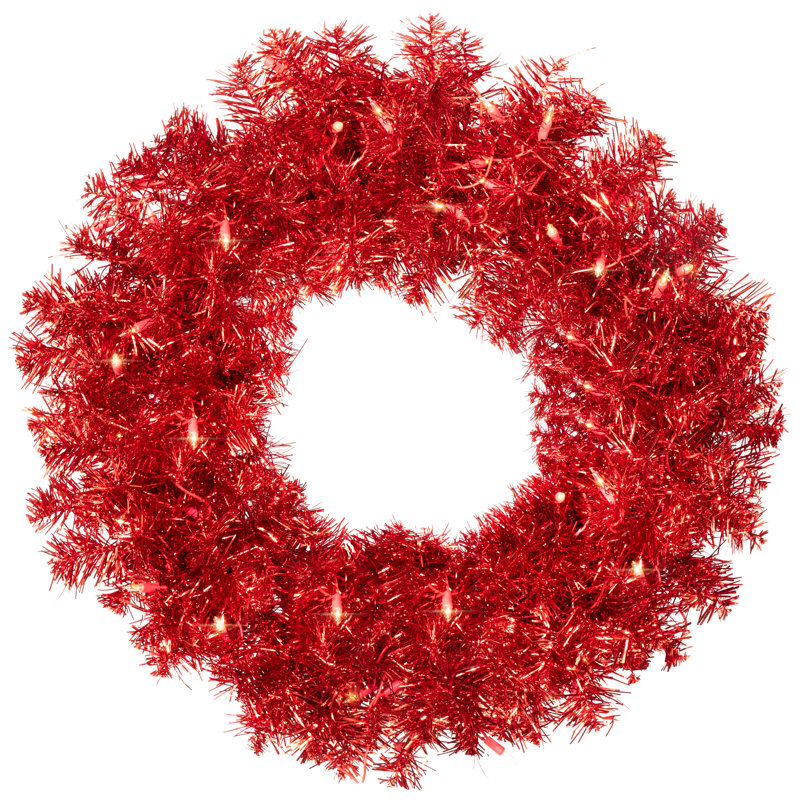 Pre-Lit Artificial Tinsel Christmas Wreath - 24" - Clear Lights, Red
