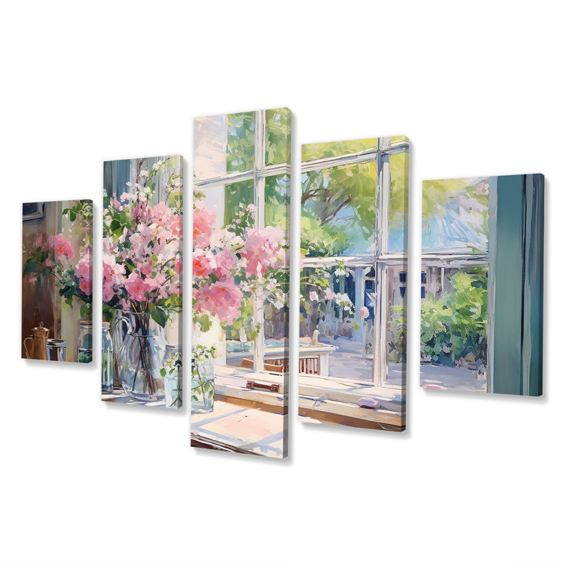 «Delicate Vintage Flower French Windows View II - Window Multipanel», ensemble d'art mural