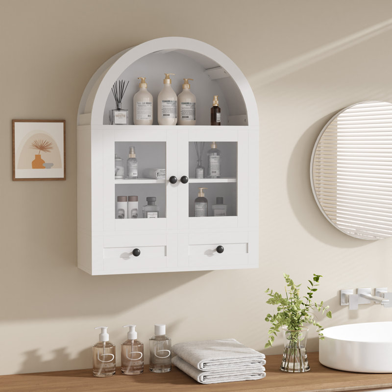 Arched Wall Cabinet With Glass Doors & Drawers, Curved Over-the-toilet Storage Cabinet With Adjustable Shelf (white), White
