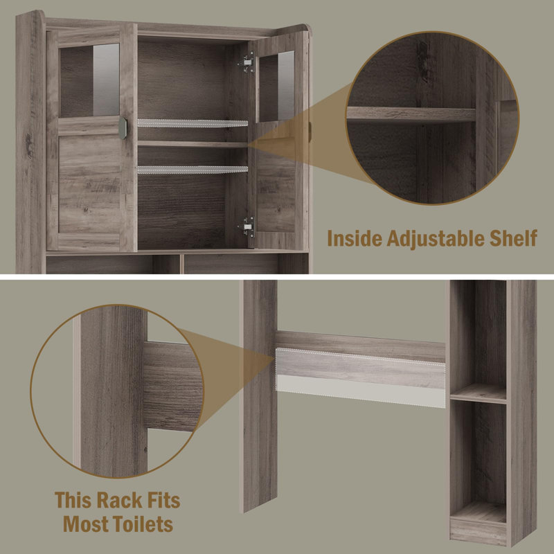 Gray Over-the-Toilet Storage Cabinet with Glass Doors and Adjustable Shelves