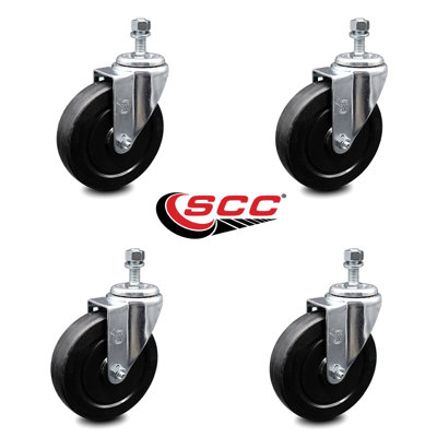 Rubber Wheel Swivel 3/8 Inch Threaded Stem Caster Set 2 Brakes SCC