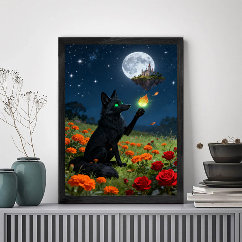 Art encadré noir rétro Un renard noir tenant des feuilles brillantes dans la mer de fleurs au clair de lune, impressions sur toile de style rétro