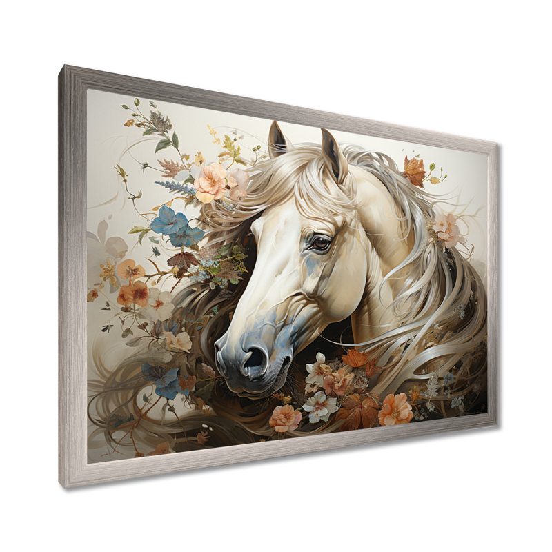 «Blooming Horse symbolism I» - art mural cheval, H 12 po x l 20 po x P 1 po, Cadre simple argenté