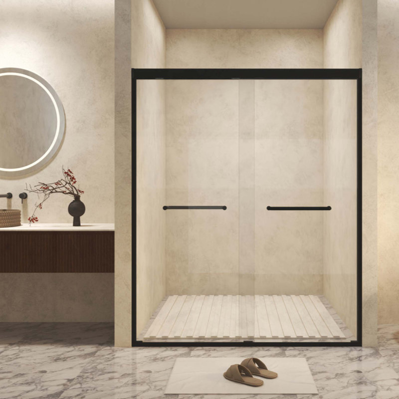 Tempered Glass With Explosion Proof Film, Aluminum Frame Double Sliding Shower Door, "1/4 (6 Mm), Stainless Steel Handle