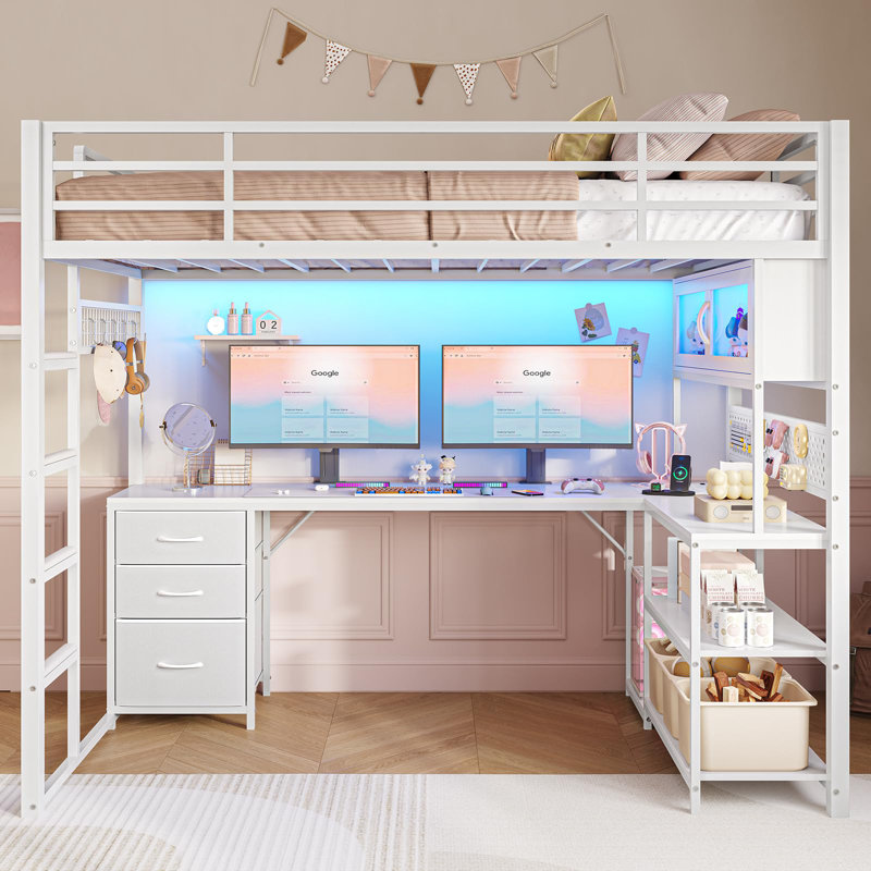 Loft Bed With L-shaped Gaming Desk, Hutch & Storage Drawers And Charging Station, Metal Loft Bed Frame With Rgb Lights, White