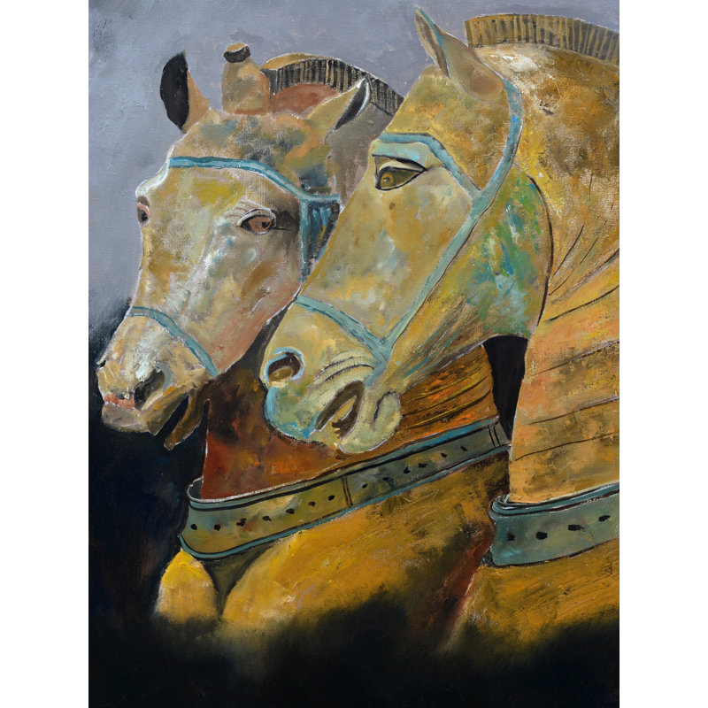 Deux chevaux par Pol Ledent - peinture, H 32 po x l 24 po, Toile tendue