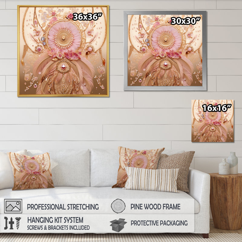 Impression sur toile Boho Glam Pink and Gold Dreamcatcher I, H 16 po x l 16 po, Cadre flottant blanc