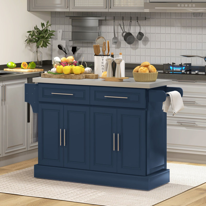 Îlot de cuisine enroulable l 57 po x P 18 po x H 36,5 po MDF en acier inoxydable 2 pièces bleu marine avec 2 tiroirs 2 armoires porte-épices