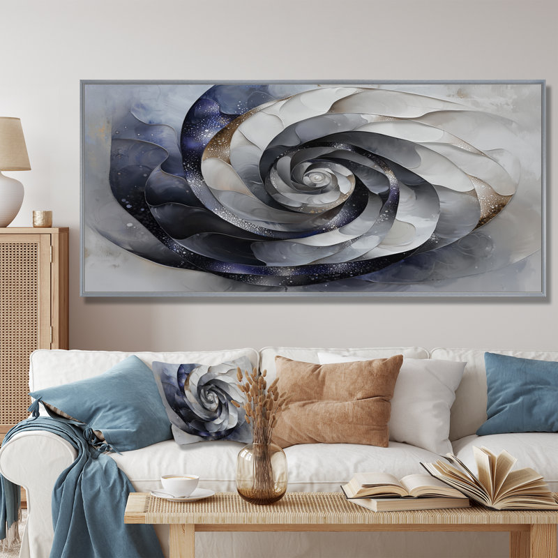 Abstrait Vortex cosmique noir et blanc III - Abstrait spirales murales, H 28 po x l 60 po, Cadre flottant, Argent argent