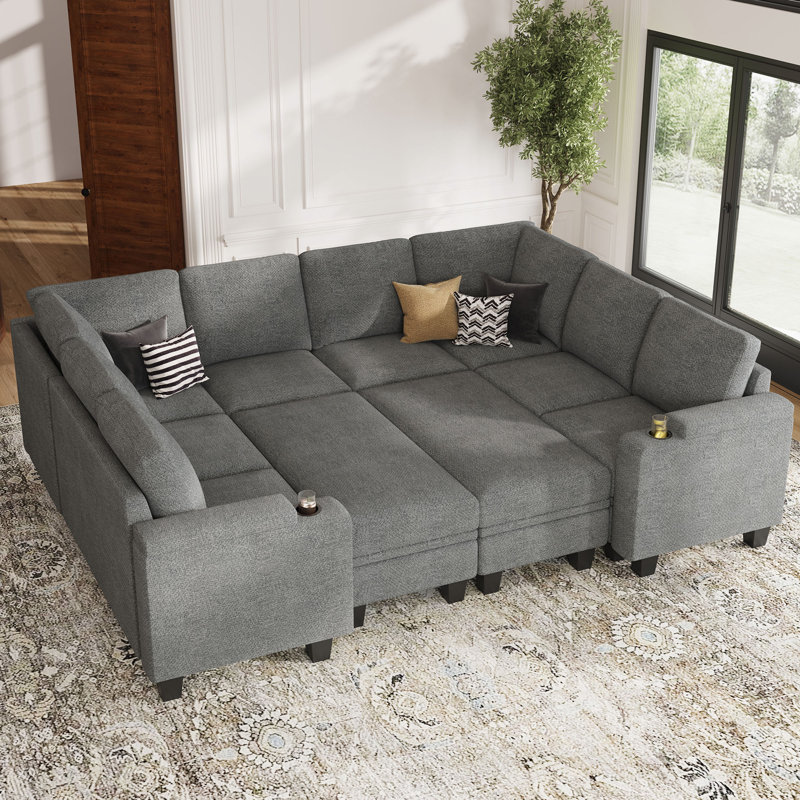 Canapé-lit modulaire en chenille avec rangement Anjanette, Chenille gris pâle