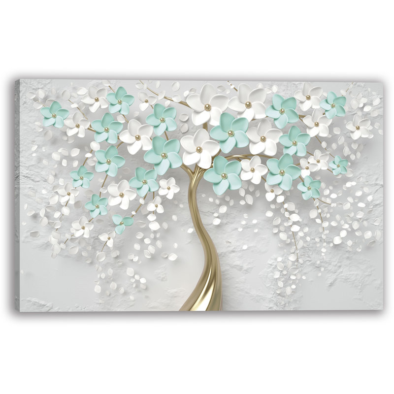 «Mint and White Blossom Tree with Gold Trunk», art mural sur toile tendue, H 36 po x l 48 po x P 1,5 po