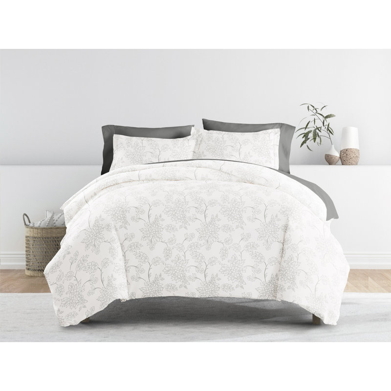 Twin Gray Floral Patterned Duvet Set with Down Alternative