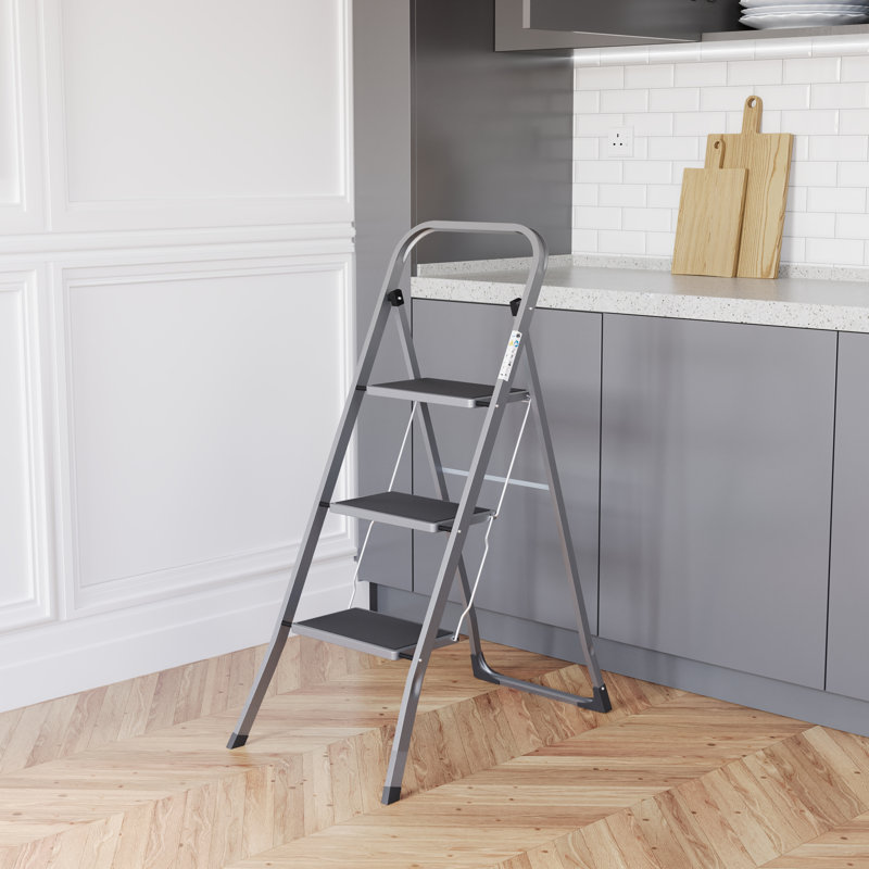 3.45 ft Steel 3 Step Ladder, Heavy Duty Steel, Folding, Portable With Anti-Slip Mat, Grey