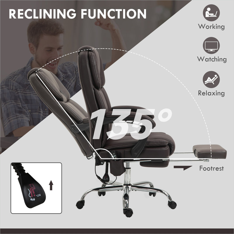Fauteuil de bureau massant brun chaud avec inclinaison réglable, revêtement en cuir PU, repose-pieds et télécommande