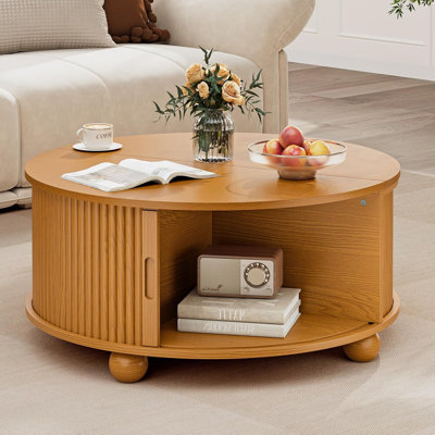 Round Coffee Table with Storage, 31.5" Mid Century Modern Fluted Coffee Table with 360° Curved Sliding Door