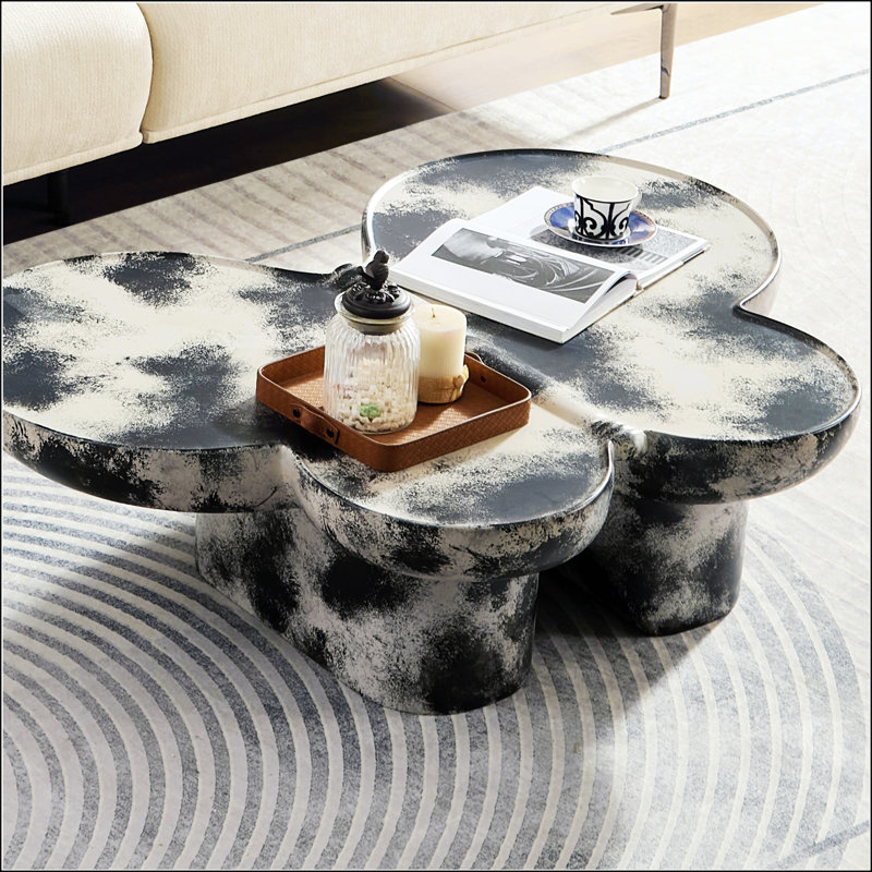 Table basse moderne en faux travertin texturé pour le salon / bureau, Noir / Beige