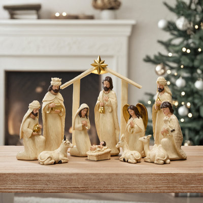 11 Lighted Resin Nativity Set with Stable, Hand-Painted Ivory, White Holy Family Figurines