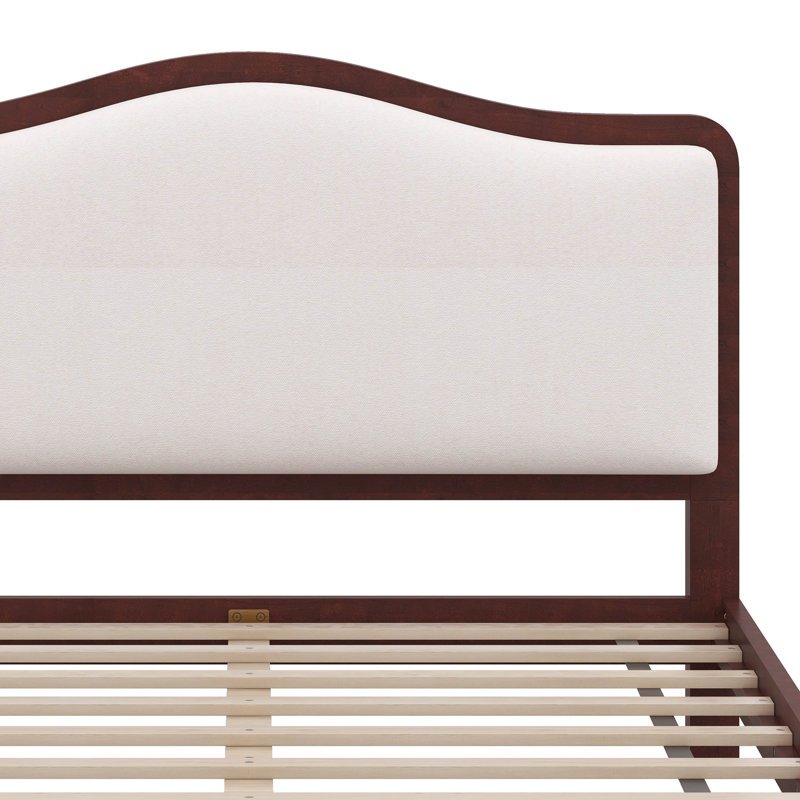 Structure de grand lit avec tête de lit tapissier courbée et lit plateforme en bois massif, Espresso/White
