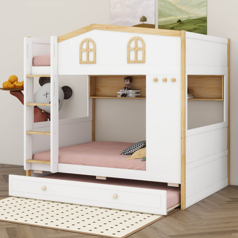 Lit superposé avec garde-corps en forme de maison et lit gigogne, lit superposé en bois avec tablettes de rangement