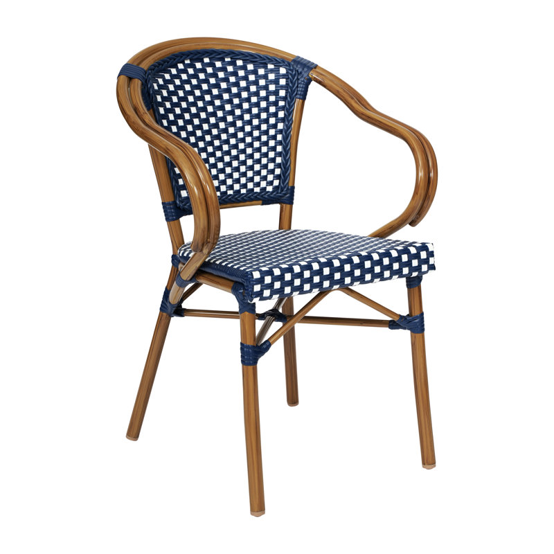 Damore Indoor/Outdoor Commercial Bistro Stacking Chair with Arms, White/Navy
