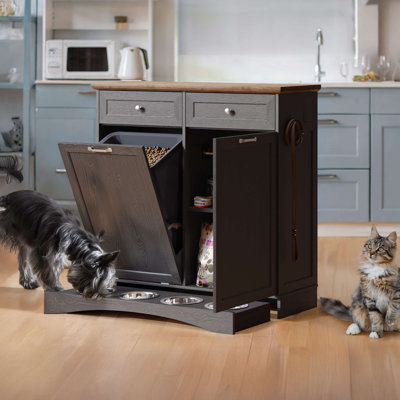 Armoire à poubelle inclinable avec bols pour chien, armoire de rangement pour nourriture pour chien 10 gallons, armoire à poubelle avec tiroir pour cuisine, salon