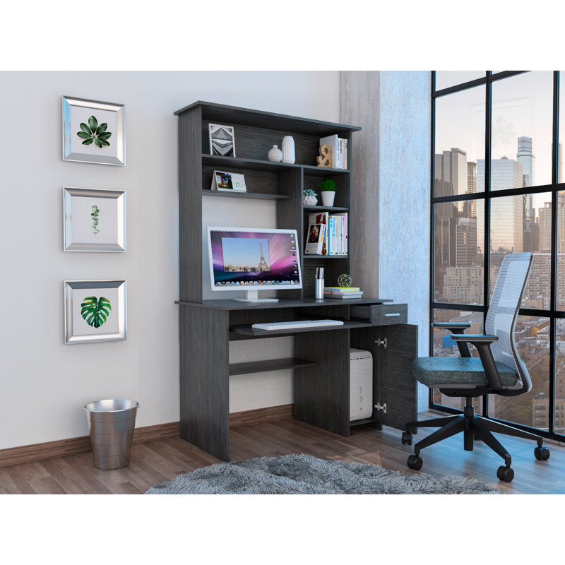 Compu 180 Hutch Desk, Multiple Shelves, Retractable Keyboard Tray, CPU Door Panel, One Drawer