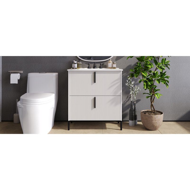 Brinlo 30" Freestanding Bathroom Vanity With Fluted Drawer Fronts And Ceramic Sink, White