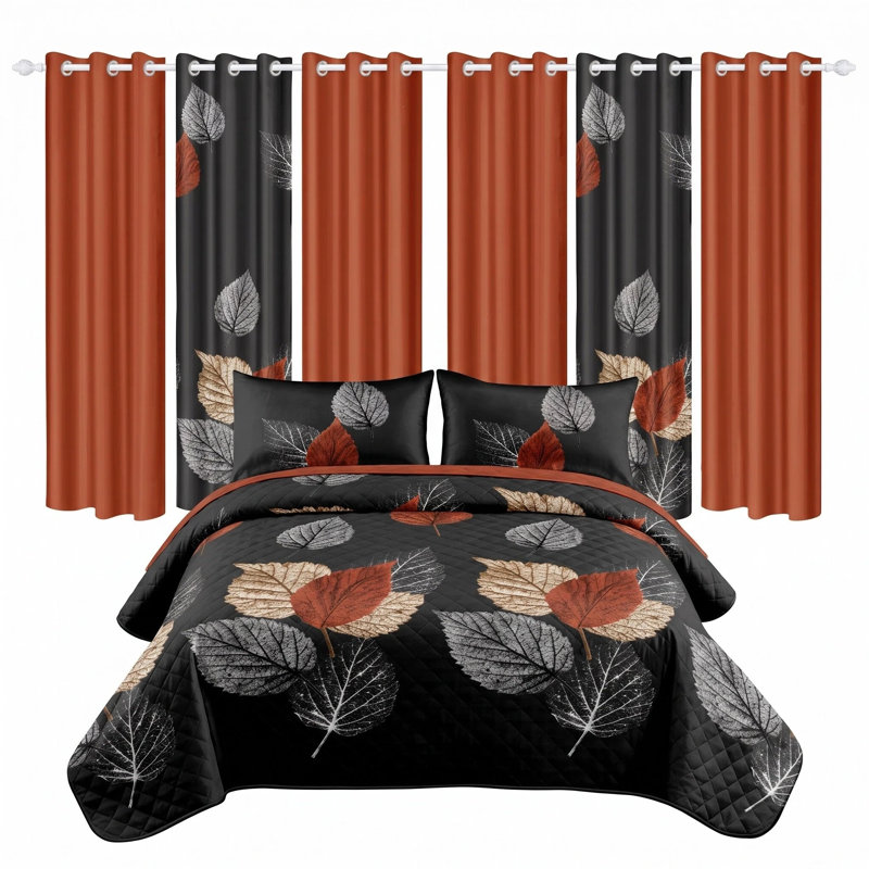 9-Piece Terracotta Brown & Black Botanical Queen Quilted Bedspread Set with Matching Curtains, QUEEN