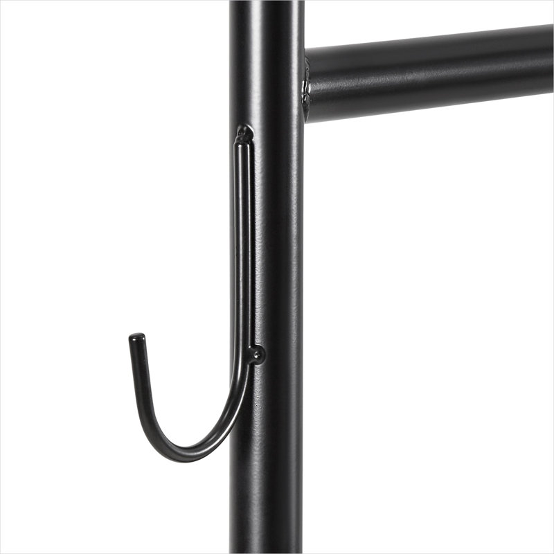 Portant à vêtements roulant avec tablettes et crochets latéraux, acier au carbone noir de jais, capacité robuste de 198 lb, hauteur de 65,8 pouces pour la chambre à coucher, la buanderie et le salon