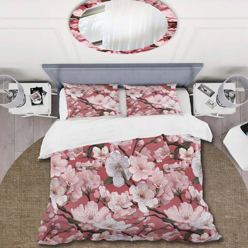 Pink Sakura Blossoms Floral Microfiber Duvet Cover Set