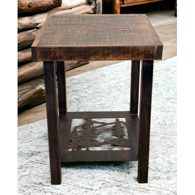 Rugged Pine/Stain Square Iron End Table with Tree Scene Accent and Rough Sawn Top