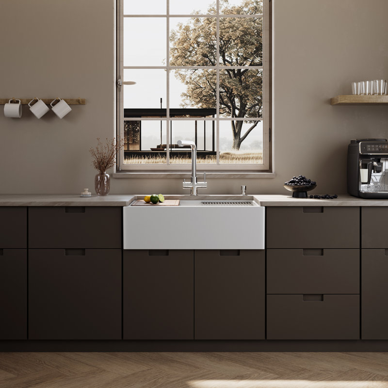 33" Farmhouse Workstation Fireclay Kitchen Sink with Self-Trimming Apron Front, Single Bowl, Bottom Grid & Strainer Included