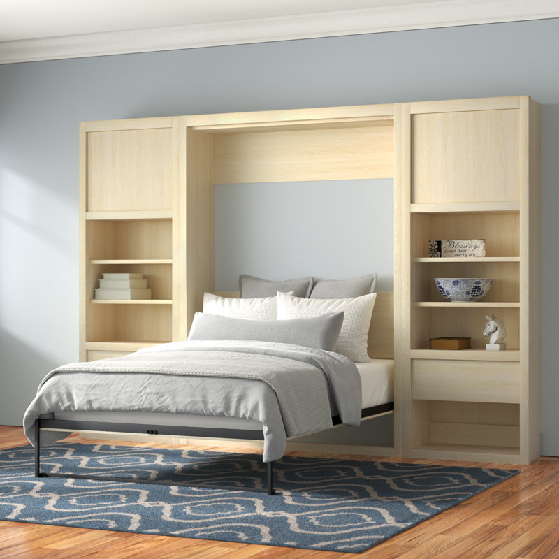 Wexford Murphy Bed with Side Cabinet Storage, Full, Light Oak