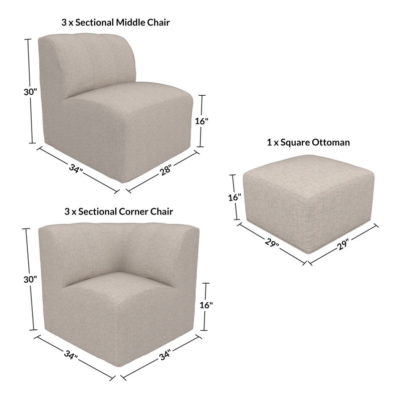 Canapé modulaire rembourré en L avec repose-pieds et coussins Sunbrella 7 pièces Praia, Argent coulé Sunbrella®