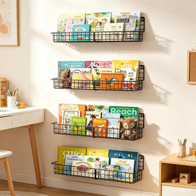 Bibliothèque murale 24 pouces, étagères à livres flottantes en métal pour le bureau de la chambre à coucher, bureau à suspendre, noir, lot de 4