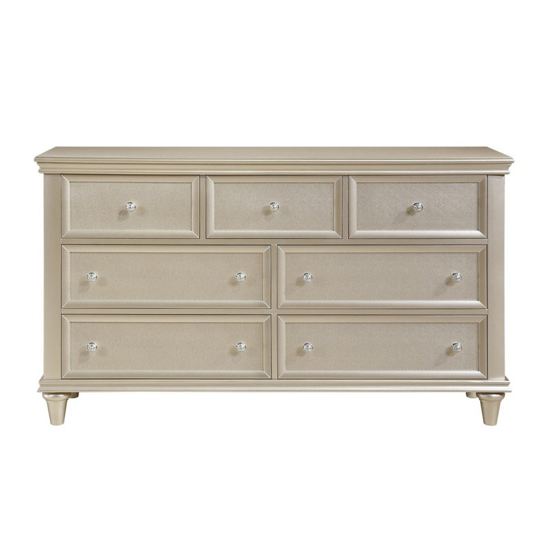 Commode 7 tiroirs en bois avec poignées en faux cristal, argent champagne