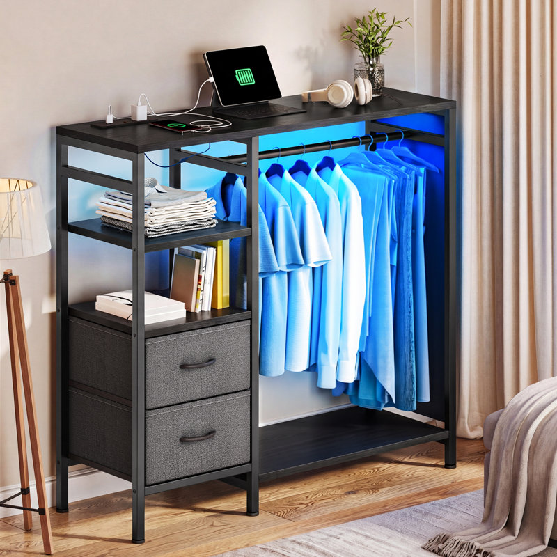 LED Lighted Coat Rack with Hanging Rail and 2-Drawer, Black