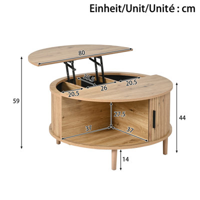 Round Lift-Top Coffee Table with Vertical Slats, Storage Compartment and Sliding Door